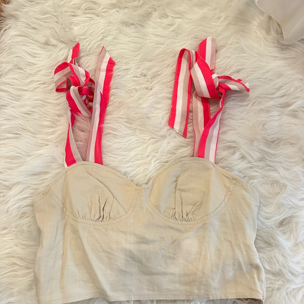 Beige Crop Top with Pink Striped Straps